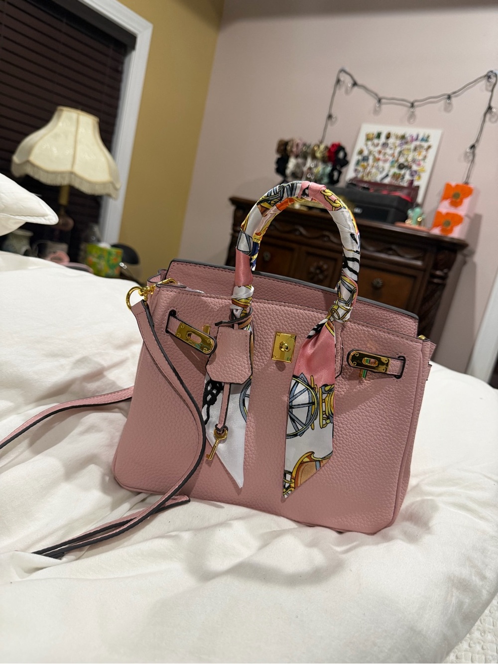 Structured Top-Handle Satchel in Pink with Scarf Detail